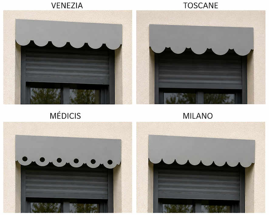 Modèles de lambrequins aluminium gamme Élégance : Venezia, Toscane, Médicis et Milano
